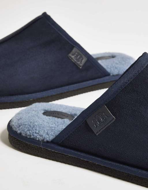 River Island Fur lined slip on mule slippers in navy, 3 of 4