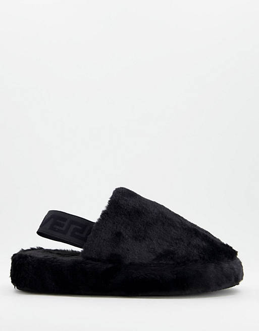  River Island fur mules with strap in black 