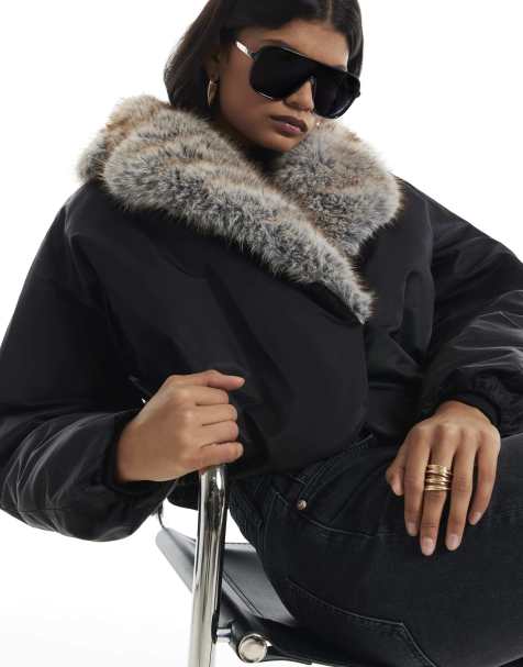 River Island Fur shawl collar padded jacket in black - view 1