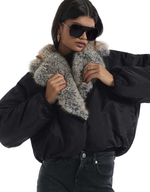 River Island Fur shawl collar padded jacket in black, 2 of 4