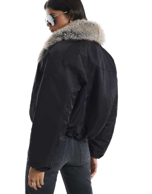 River Island Fur shawl collar padded jacket in black, 4 of 4