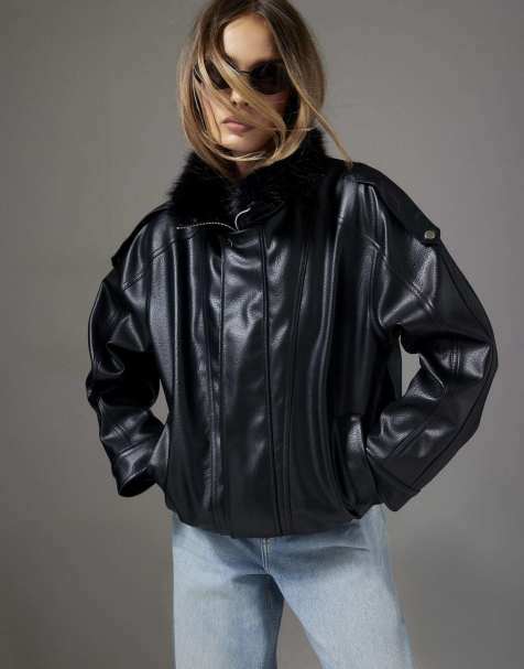 River Island Fur trim faux leather bomber jacket in black - view 1