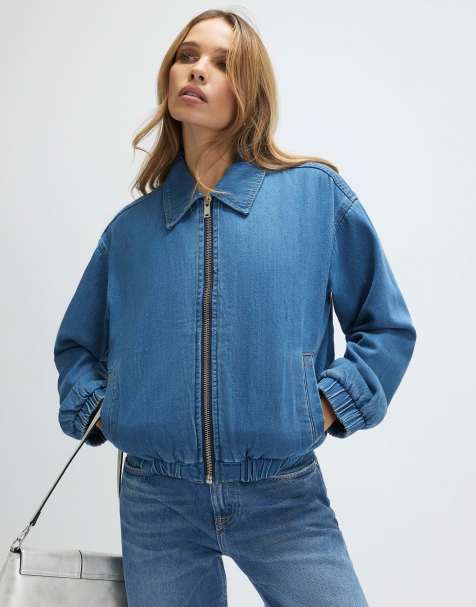 River Island Gather detail denim bomber jacket in denim - medium