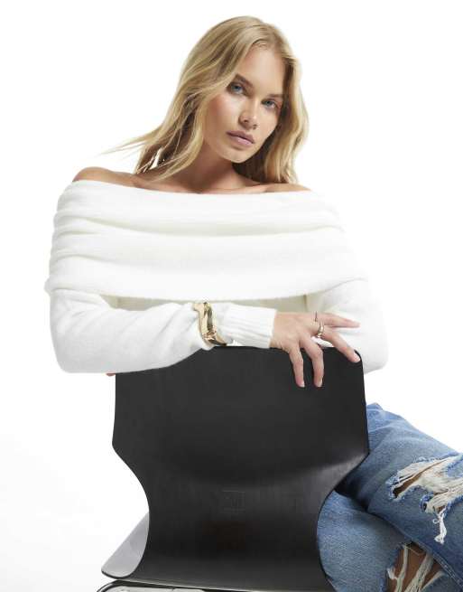 River Island Gathered bardot jumper in cream, 2 of 4