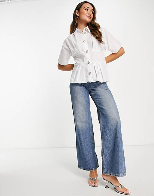 Tops Shirts & Blouses/River Island gathered waisted poplin shirt in white 