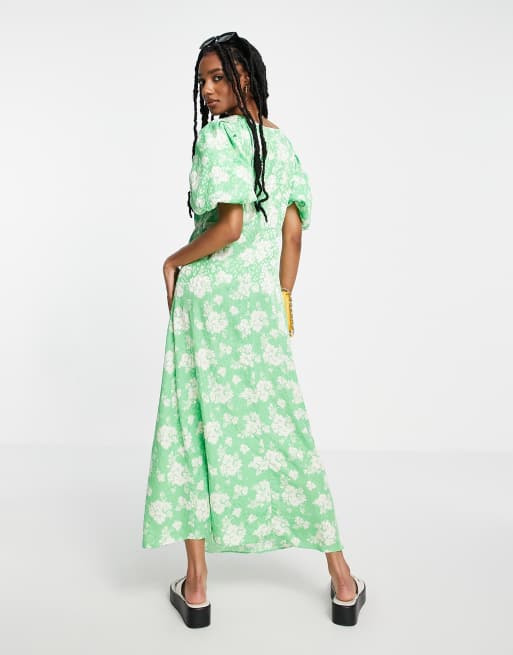 River Island - Gebloemde midi-jurk met gestrikte voorkant in groen, 4 van 4