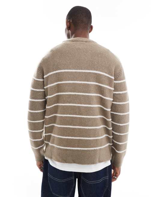 River Island - Geborstelde gebreide trui in stone met Bretonse streep, 2 van 4