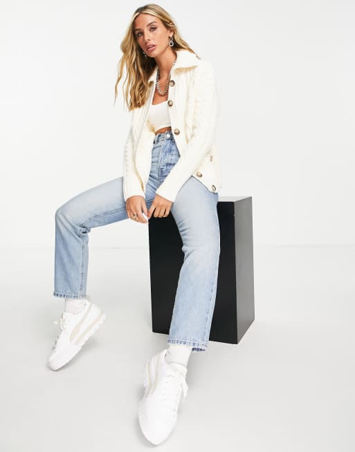 River Island - Gebreid vest met kabels en kraag in crème, 4 van 4