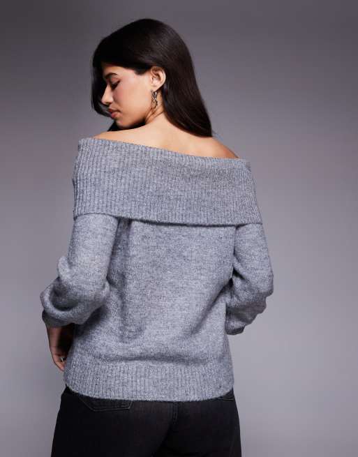 River Island - Gebreide bardottop in grijs, 4 van 4