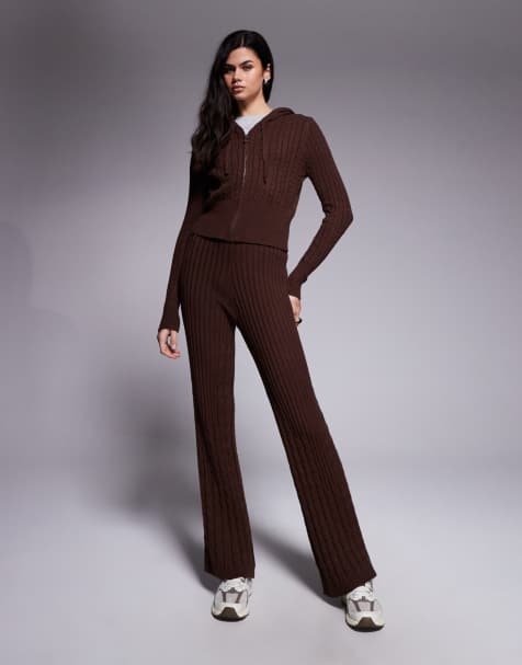 River Island - Gebreide broek met wijde pijpen en kabels in donkerbruin, deel van co-ord set - view 1