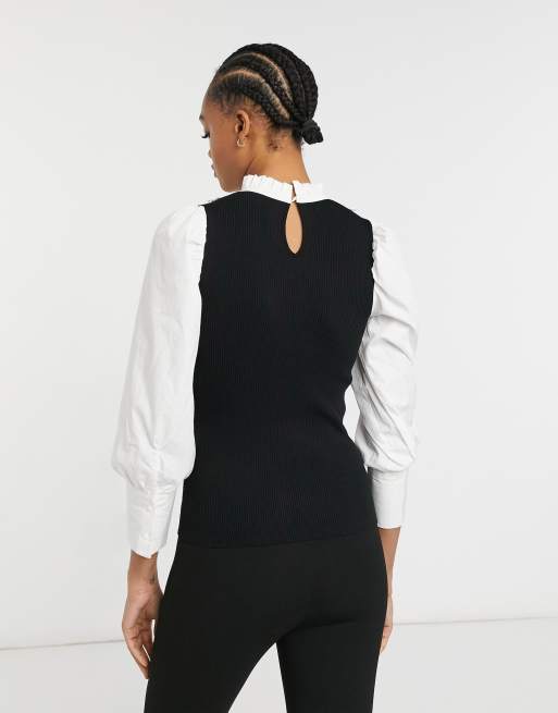 River Island - Gebreide hybride blouse met kanten schouderpas in zwart, 2 van 4
