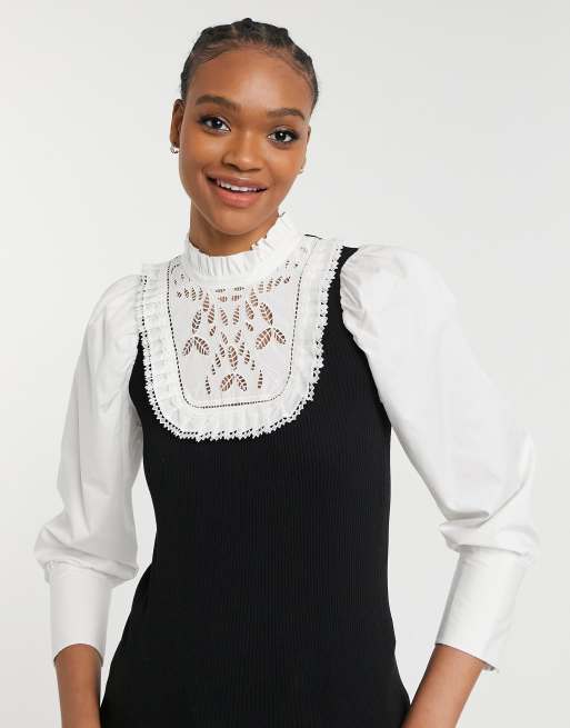 River Island - Gebreide hybride blouse met kanten schouderpas in zwart, 4 van 4