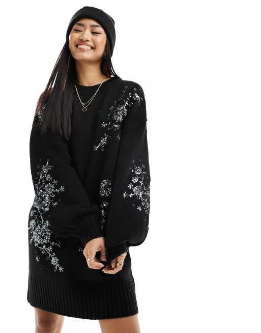 River Island - Gebreide mini jurk met versiering in zwart