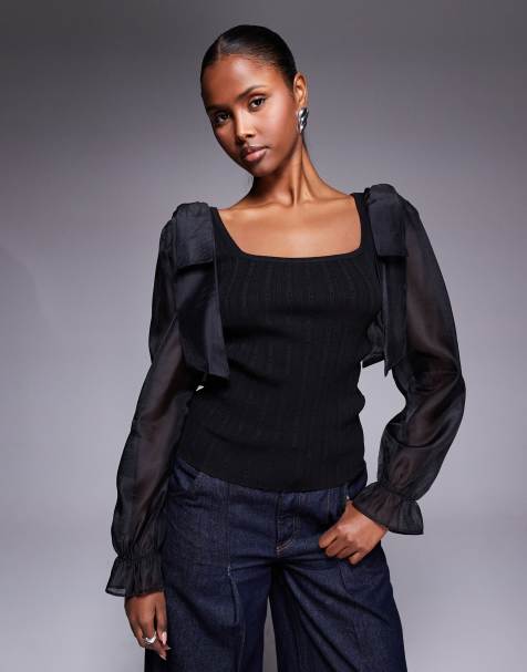 River Island - Gebreide top met mesh mouwen in zwart - view 1