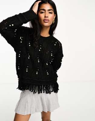 River Island - Gebreide trui met kabels en versiering in zwart