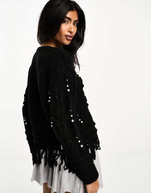 River Island - Gebreide trui met kabels en versiering in zwart, 4 van 4