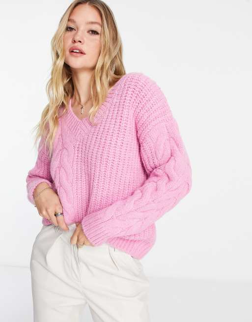 River Island - Gebreide trui met kabels in felroze