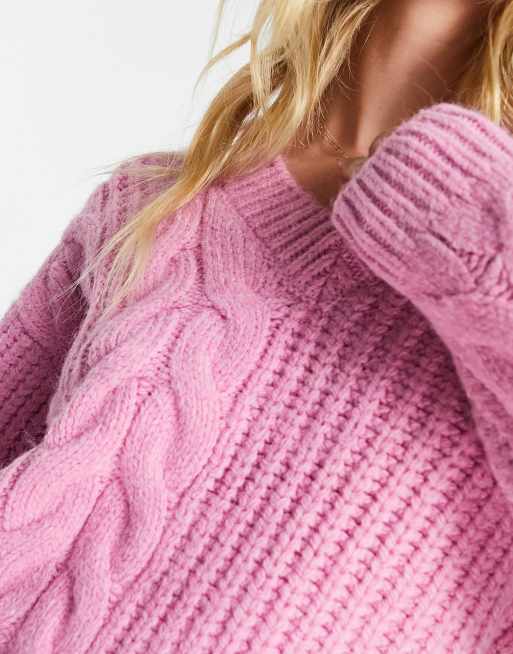 River Island - Gebreide trui met kabels in felroze, 3 van 4