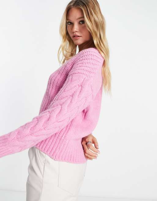 River Island - Gebreide trui met kabels in felroze, 4 van 4