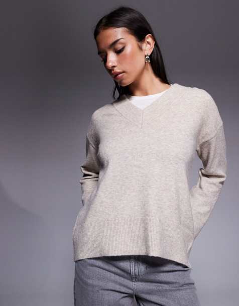 River Island - Gebreide trui met V-hals in beige - view 1