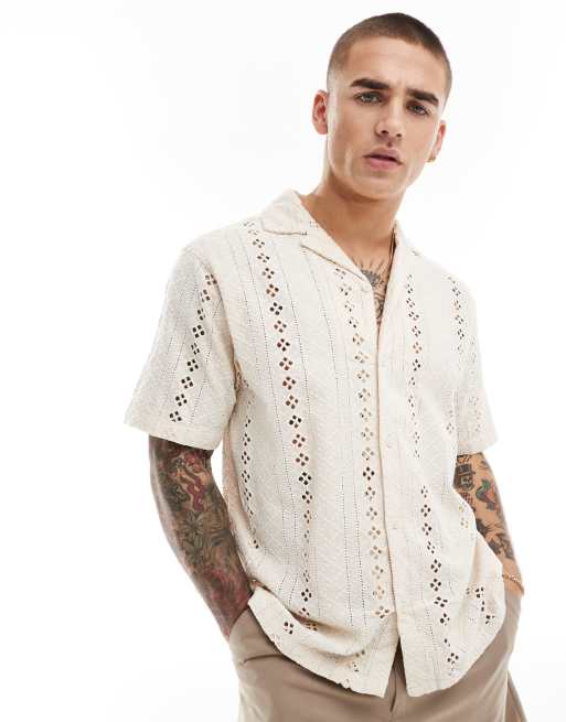 River Island - Gehaakt overhemd met reverskraag in ecru