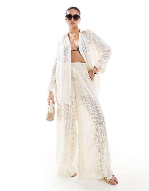 River Island – Gehäkelte Hose in Creme, Kombiteil
