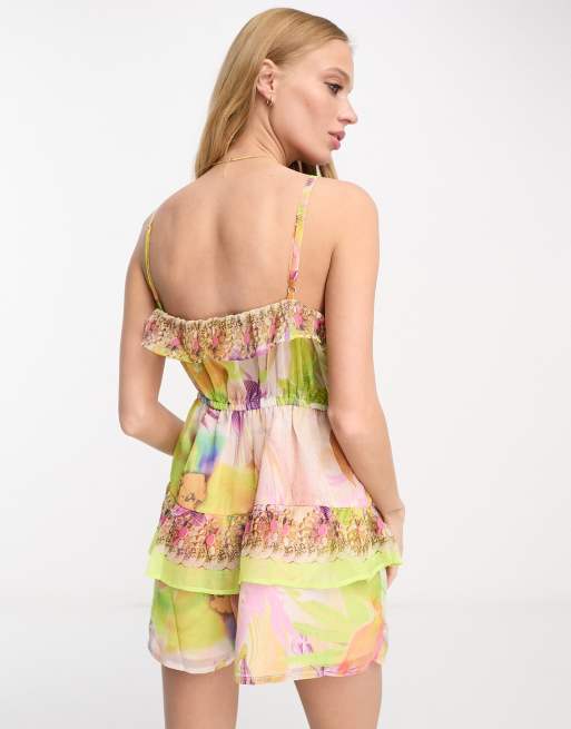River Island – Gelb geblümter, kurzer Jumpsuit mit Rüschen, 4 von 4