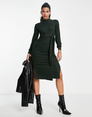 River Island - Gemütliches Pulloverkleid in Khaki mit hohem Kragen-Neutral