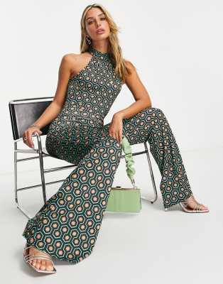 River Island geo print halterneck jumpsuit in green