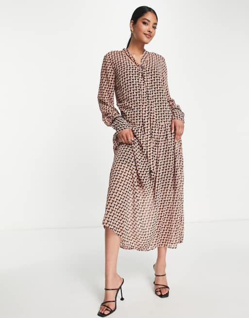 River Island geo print tie neck detail midi dress in brown | ASOS