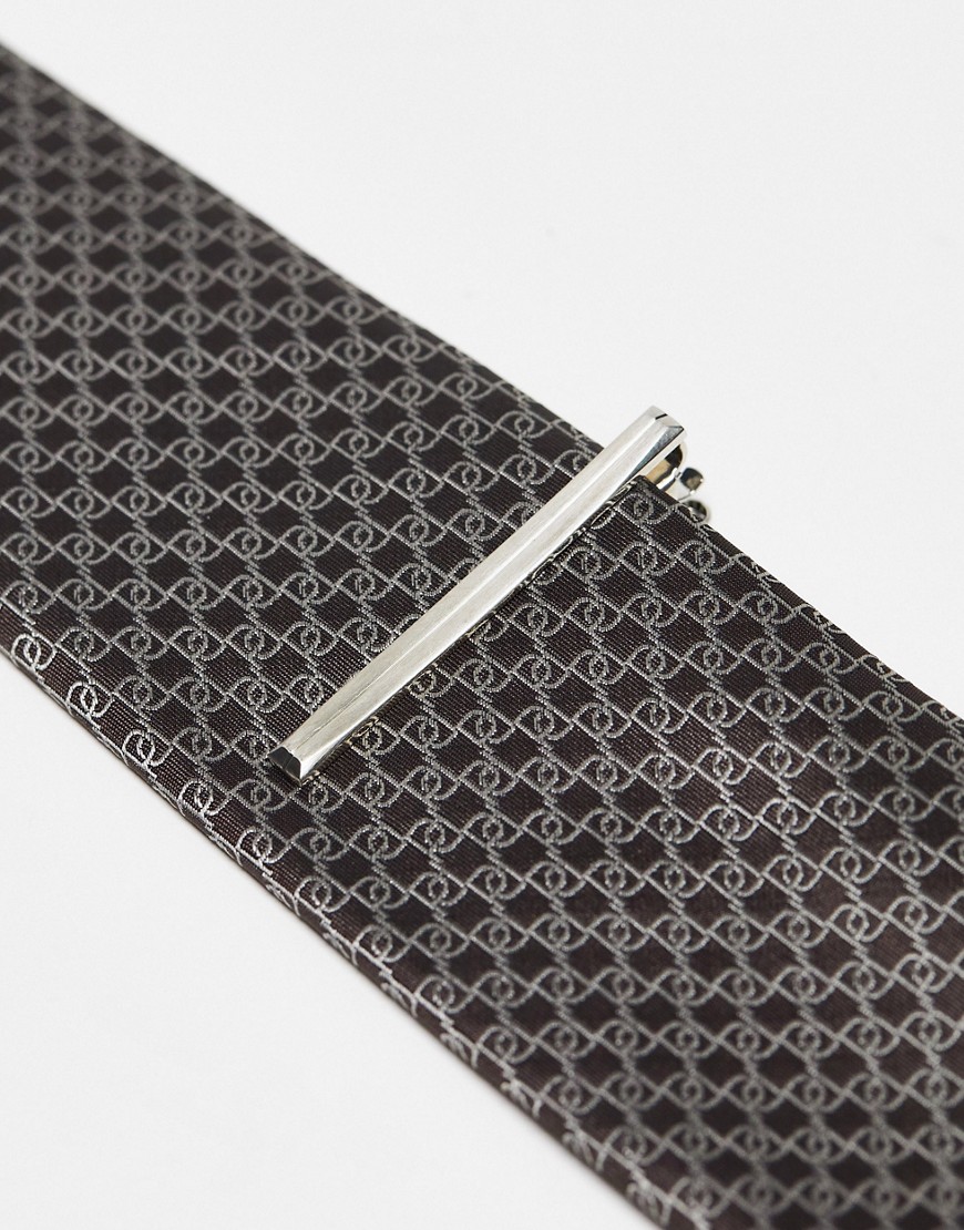 River Island Geo Tie And Clip Set In Brown
