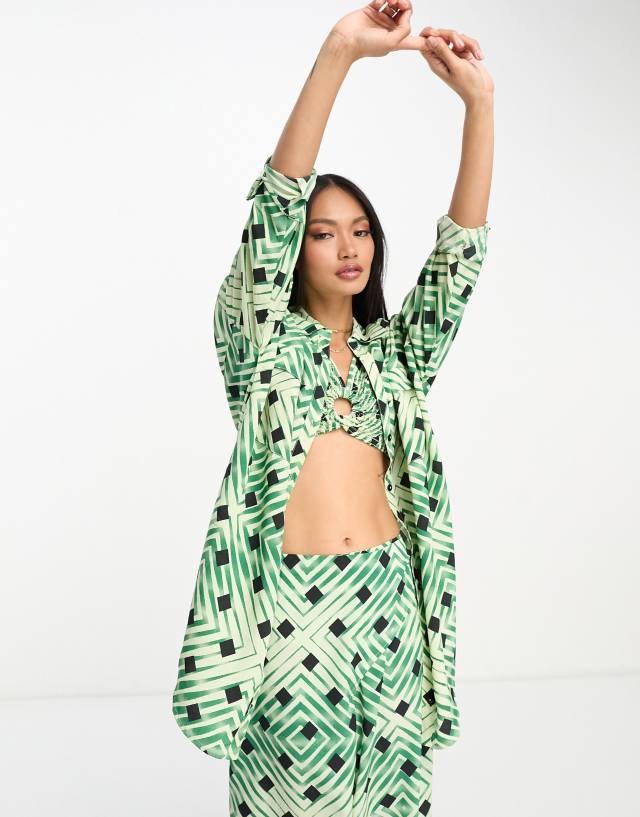 River Island - geometric print beach shirt co-ord in light green