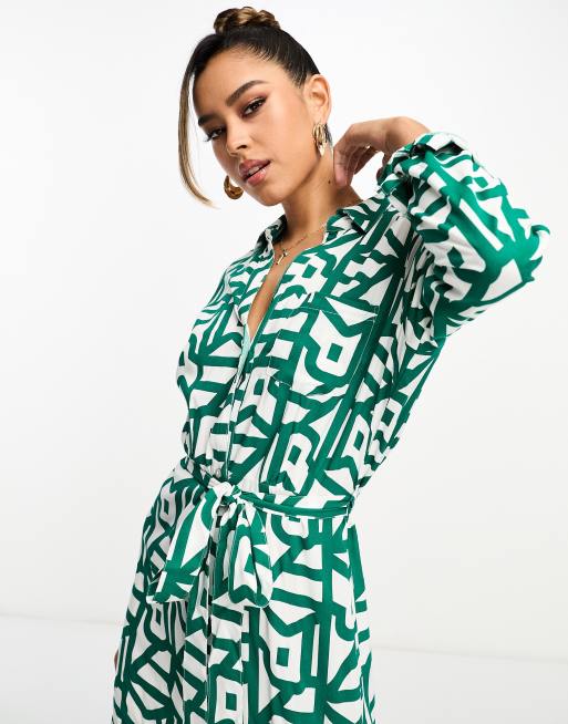 Jersey Wrap Dress - Highland Green, Geometric Tile