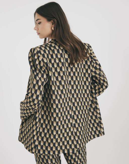 River Island Geometric print oversized blazer in green ASOS