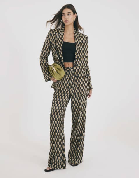 River Island Geometric skinny flared trousers in green - view 1