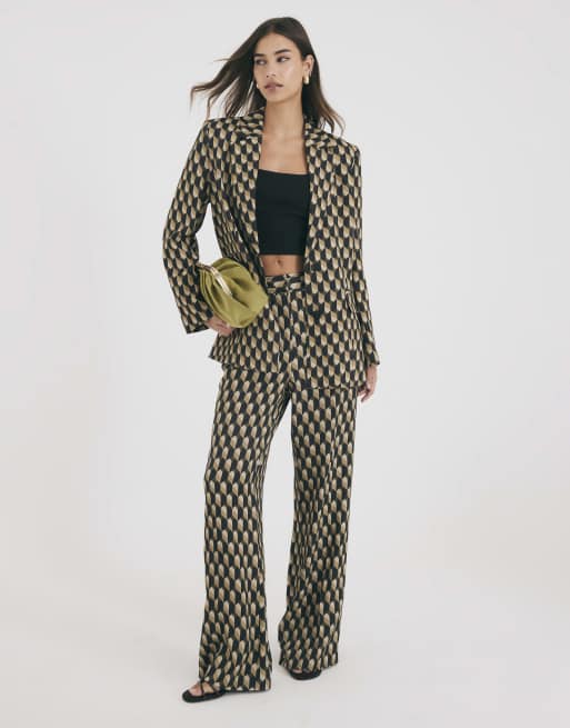 River Island Geometric skinny flared trousers in green
