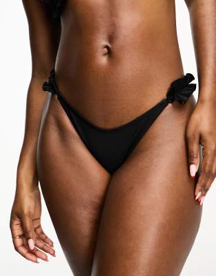 River Island - Geraffte Bikinihose in Schwarz mit seitlicher Schnürung