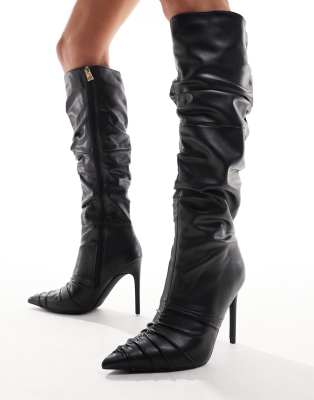 River Island - Geraffte Stiefel in Schwarz mit hohem Schaft