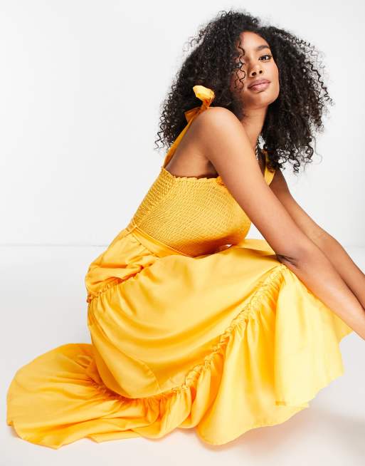 River Island – Gerafftes Midi-Strandkleid in Orange