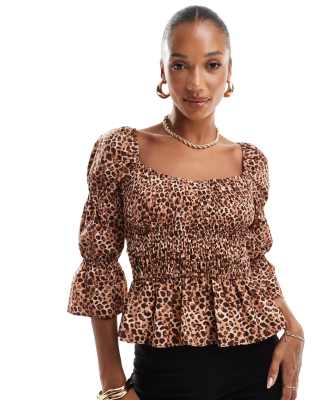 River Island - Gerafftes Top mit Leopardenfellmuster-Brown