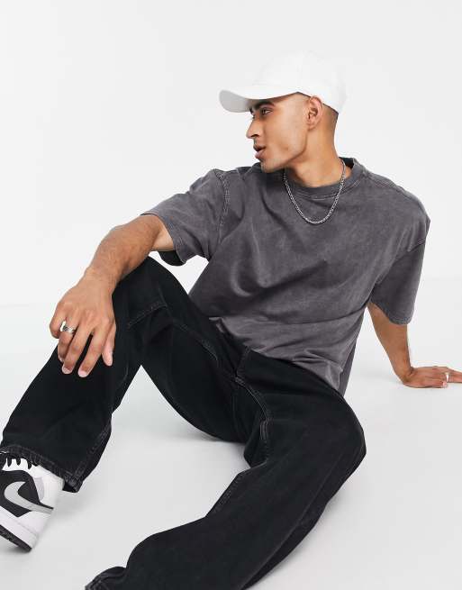 River Island - Geribbeld T-shirt met paneel en wassing in grijs