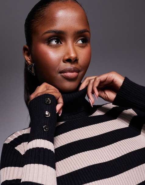 River Island - Geribbelde gebreide top met col en strepen in bruin - view 1