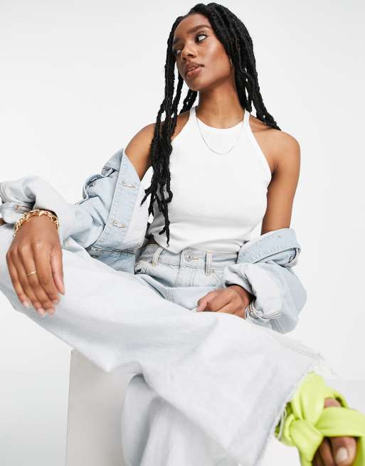 River Island - Geribbelde racer crop top in jaren 90-stijl in wit