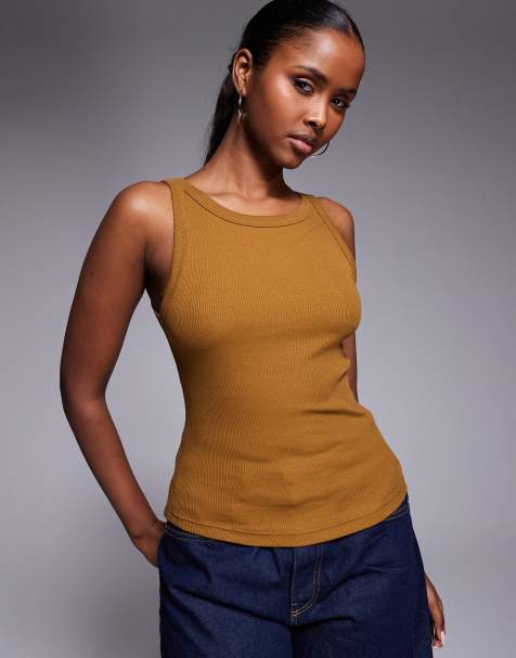 River Island - Geribbelde tanktop met bandjes in bruin - view 1