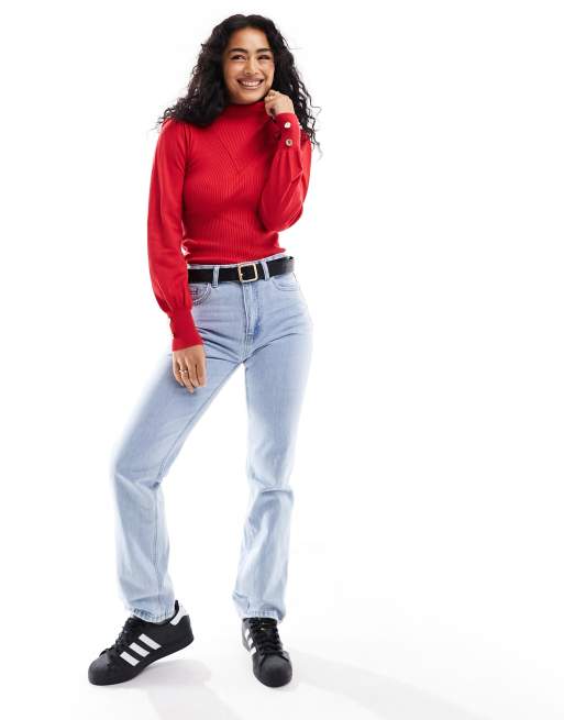 River Island - Geribbelde top met col en knopen op de mouw in rood
