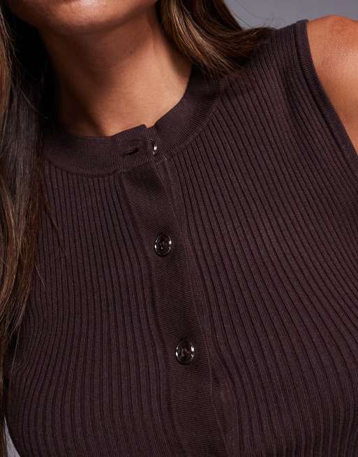 River Island - Geribbelde top met knoopsluiting aan de voorkant in bruin, 3 van 4