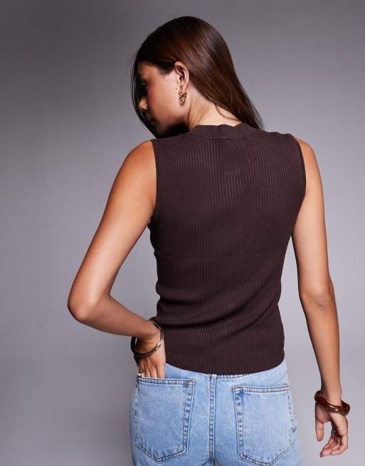 River Island - Geribbelde top met knoopsluiting aan de voorkant in bruin, 4 van 4