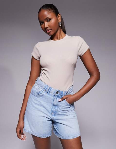 River Island - Geribbelde top met korte mouwen in lichtbeige - view 1