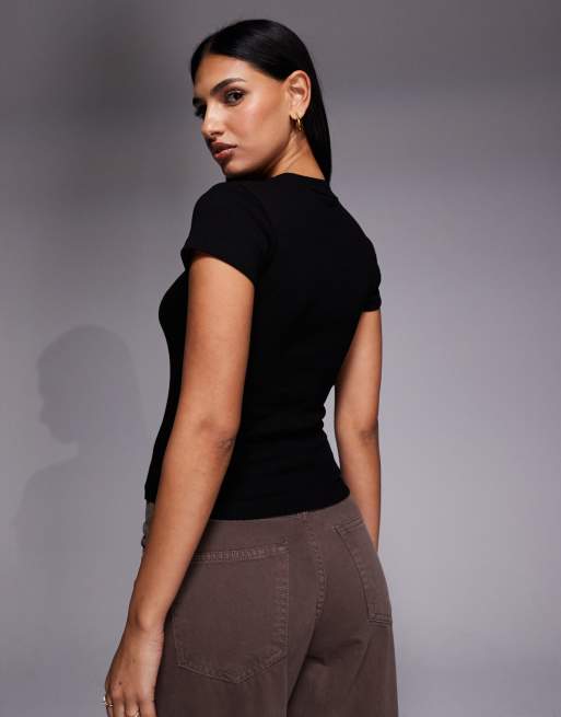 River Island - Geribbelde top met korte mouwen in zwart, 4 van 4