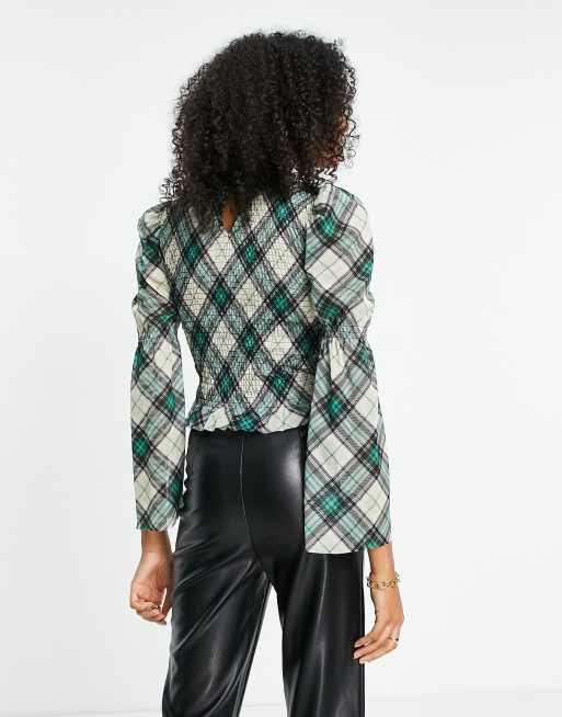 River Island - Gerimpelde top van mesh met ruitjes en lange mouwen in groen, 4 van 4